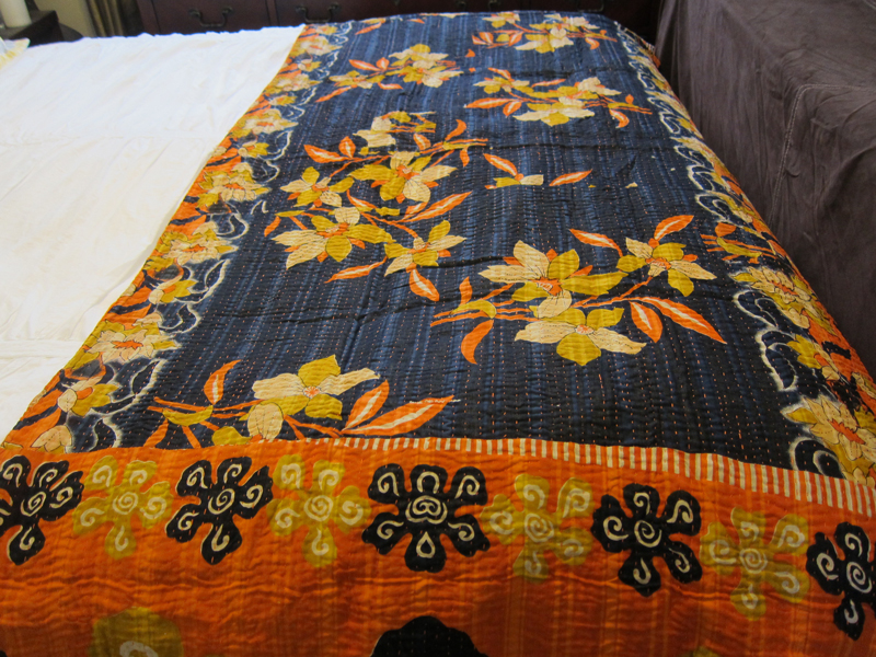 Vintage Kantha Blanket - Navy & Orange Flowers